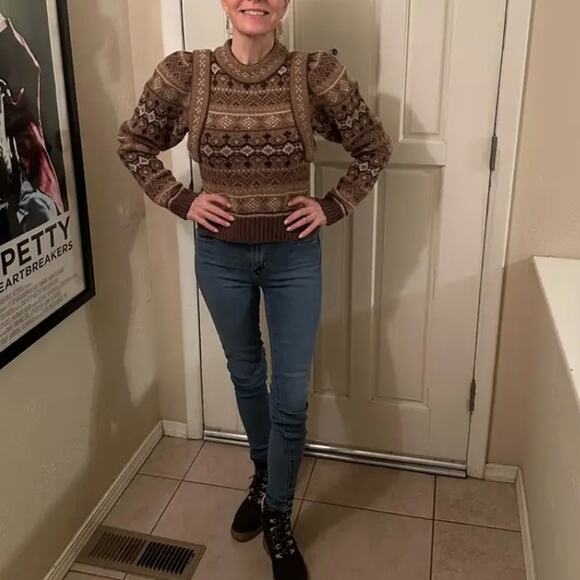 SEA New York Brown Fair Isle Sweater MEDIUM Wool Cottage Puff Sleeves Retro $400 - Picture 5 of 10